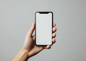 Hand Holding a Smartphone Against a Soft Grey Background for Minimalist Aesthetic : Generative AI