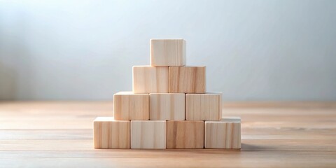 Wooden blocks arranged in a pyramid shape on a wooden surface against a neutral background.  A concept image for growth, stability, and building success.