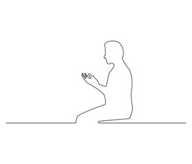 Continuous one line drawing of muslims prayer. Single line drawing illustration of Muslim person sitting and praying. Ramadan kareem concept vector art. Doodle line illustration.