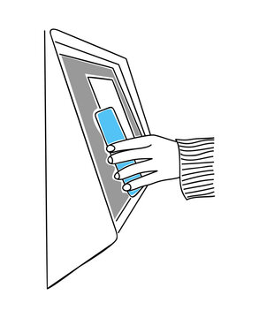 recommend clip art: Contactless Withdrawing money on atm with smartphone. Hand holding phone with NFC near automated teller machine for money withdrawal and bank payments. Vector simple outline hand drawn illustration.