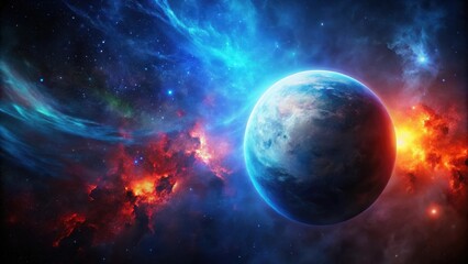 Obraz premium A Celestial Body Orbits Within a Nebula of Fiery Red and Icy Blue Hues