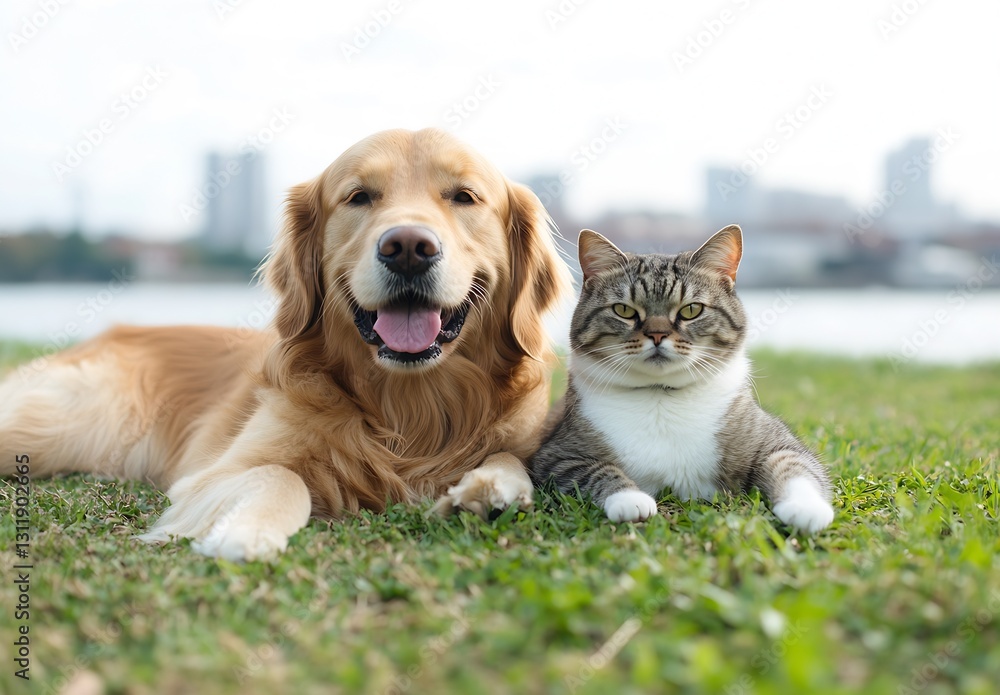 Poster Golden Retriever and Tabby Cat Relaxing Together in a Scenic Outdoor Setting : Generative AI