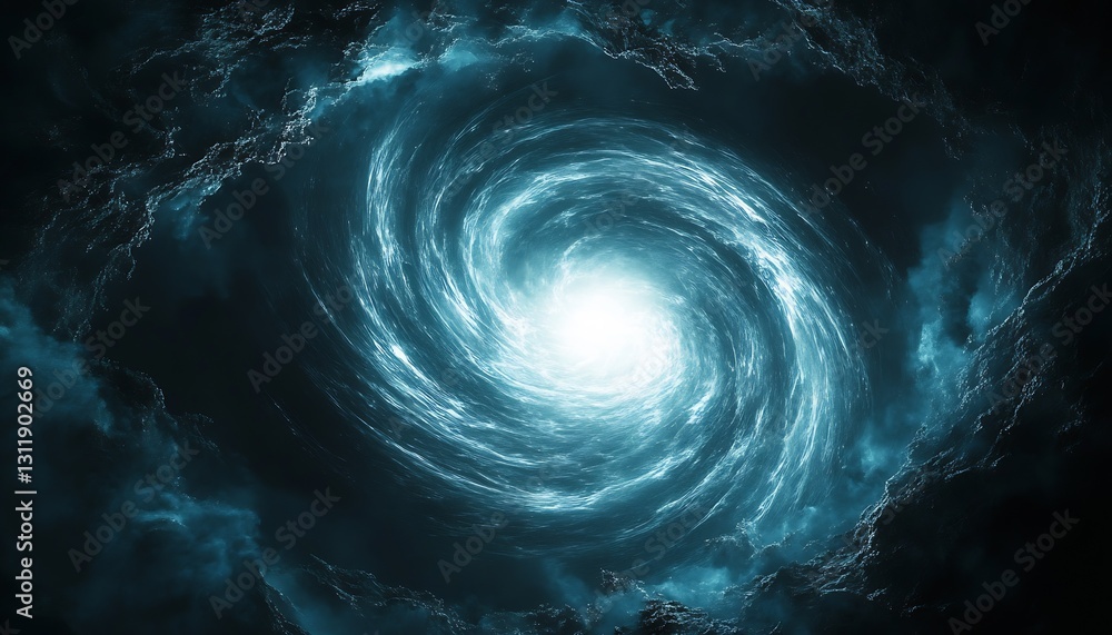 Poster opening of a bright blue swirling galaxy in a dark cosmic space : generative ai