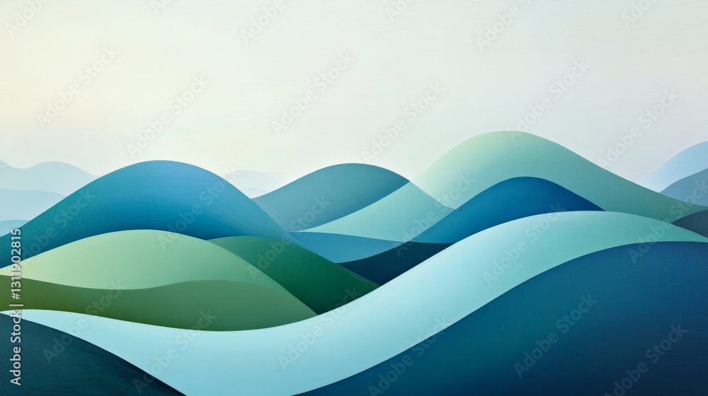 Poster a tranquil abstract artwork featuring layered hills in soft green and blue gradient tones. perfect f