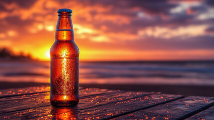 Bottle of beer glimmering at sunset on a beachside wooden table with ocean waves in the background