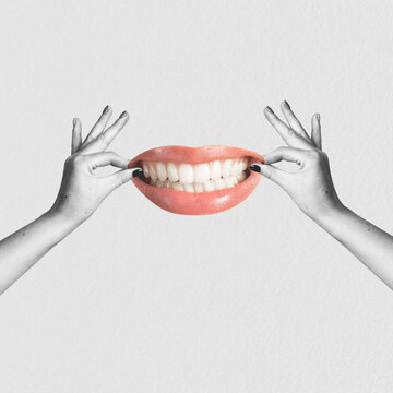 Abstract collage illustration of woman hands holding woman smiling face. Grunge and noise effect applied. Retro vintage style