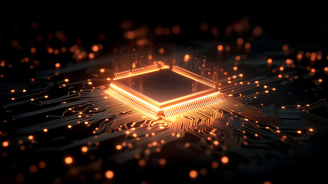 A hyper-realistic AI microchip suspended in a dark space, illuminated by pulsating electric currents. The circuit board surrounding the chip features intricate patterns, resembling a neural network.