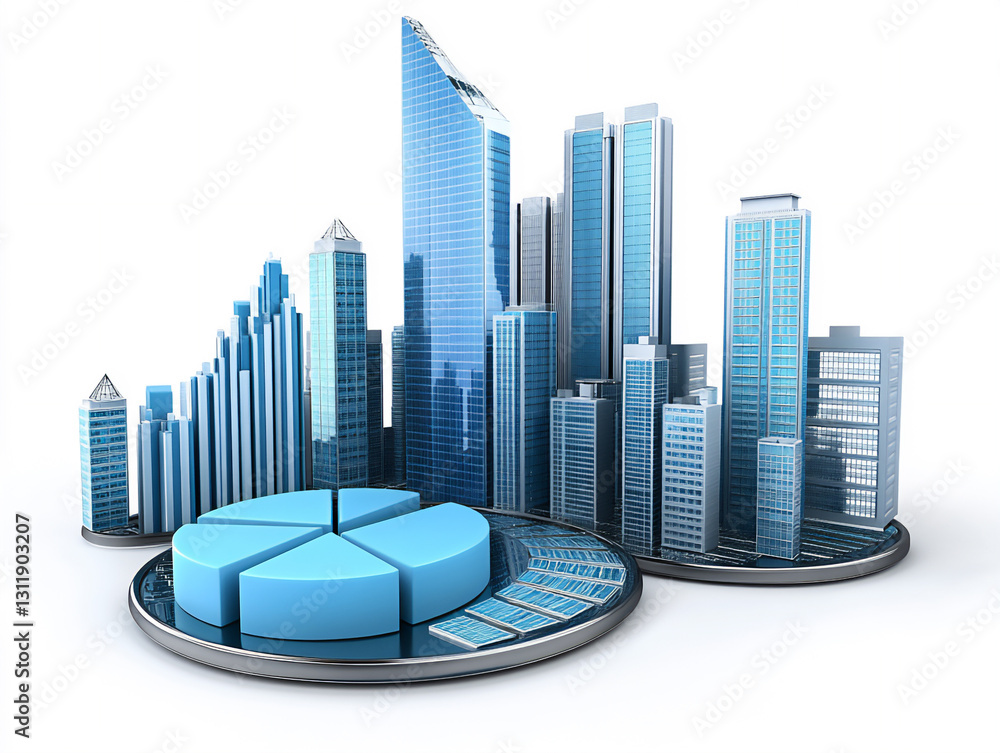 Poster 3d render of a business chart and graph with a blue color scheme,