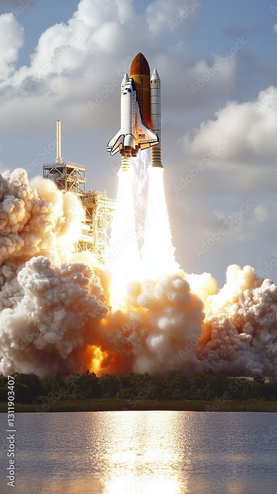 Poster a powerful space shuttle launch with smoke billowing into the sky, set against a serene background. 