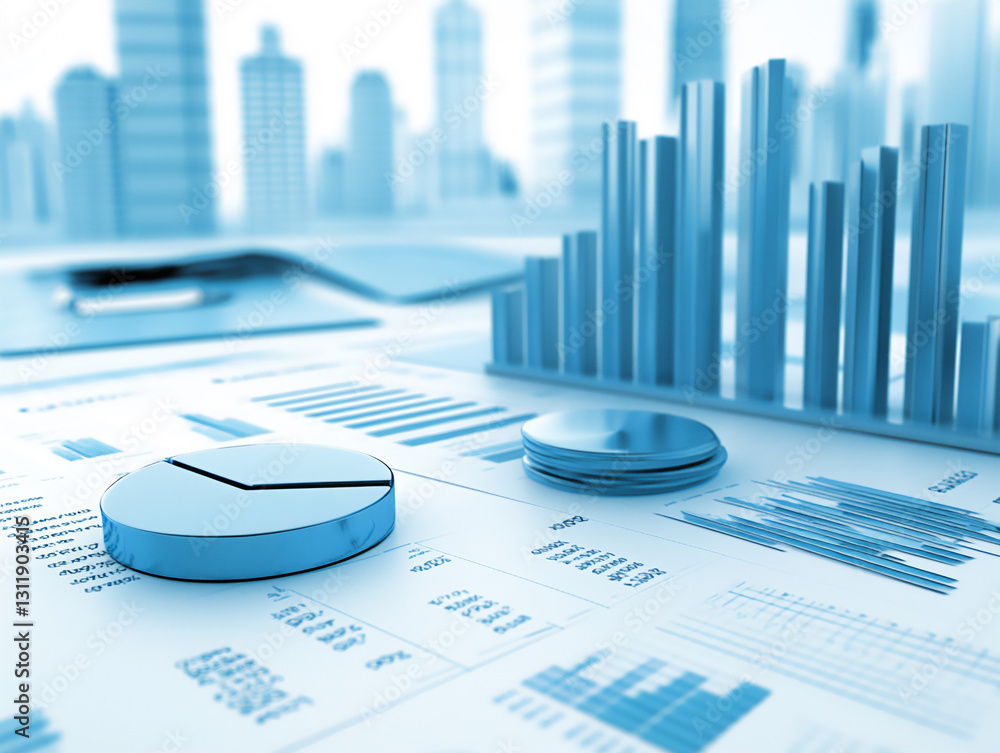 Poster 3d render of a business chart and graph with a blue color scheme,