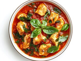 Delicious chicken in tomato sauce with fresh basil showcasing vibrant colors and rich flavors : Generative AI