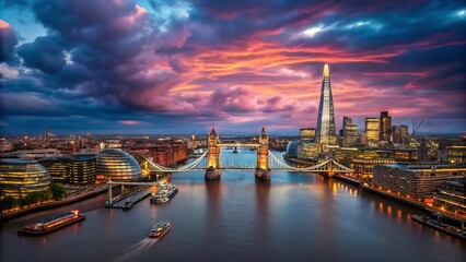 Fototapeta premium Londons Breathtaking Twilight Skyline, A Vibrant Tapestry Of Iconic Landmarks Bathed In A Fiery Sunsets Glow, Reflecting On The Thames Rivers Calm Waters