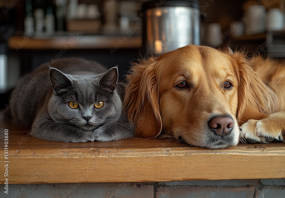 Poster Charming golden retriever and gray cat relaxing side by side in a cozy cafe setting : Generative AI