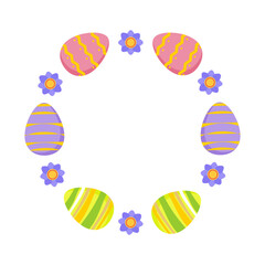 Frame of Easter chicken eggs and flowers with copy space. Vector spring design in flat style.
