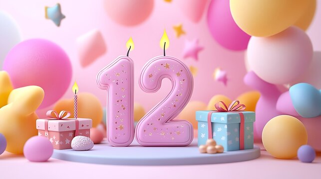 Pink twelve birthday candles with gifts.