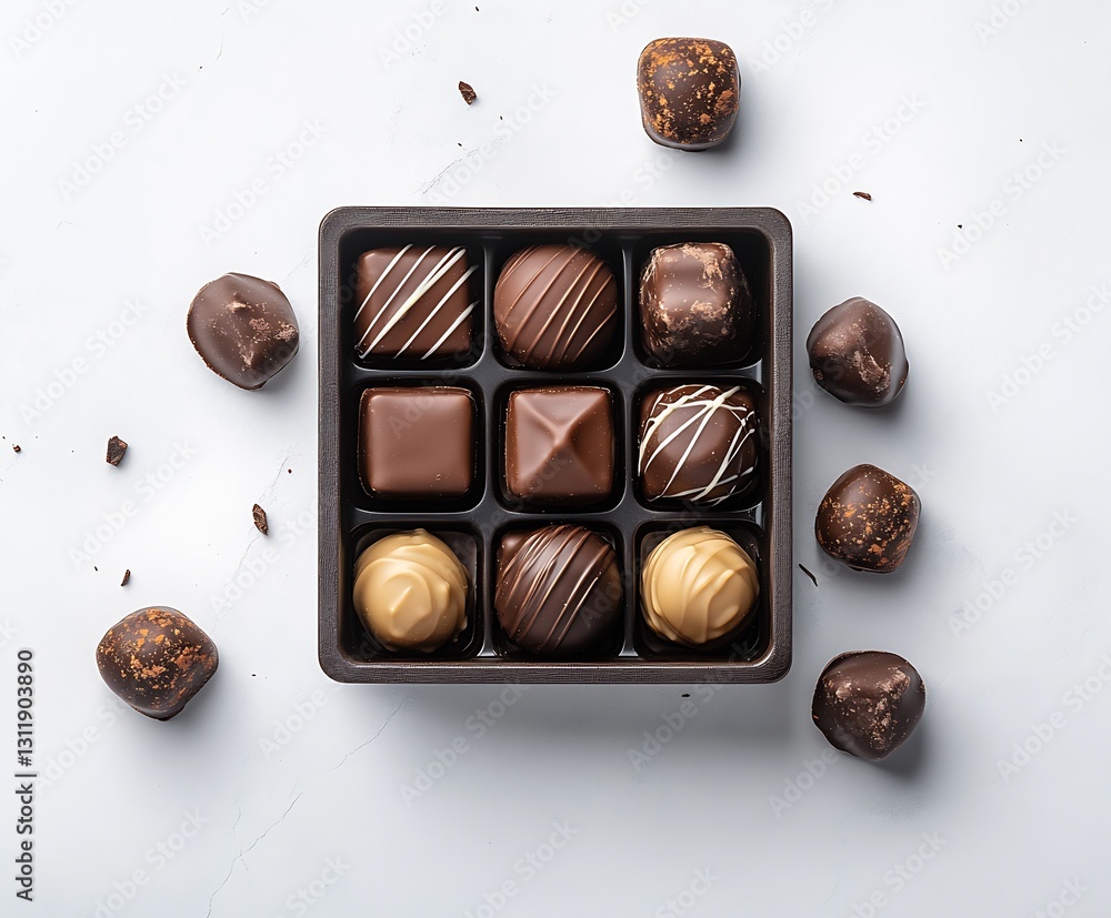 Poster assorted gourmet chocolate box filled with various flavors and textures for chocolate lovers : gener
