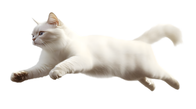 A graceful white cat leaps through the air in a dynamic pose, showcasing its agility and playfulness