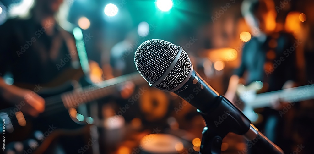 Poster close up of a microphone on stage capturing the essence of a live concert atmosphere : generative ai
