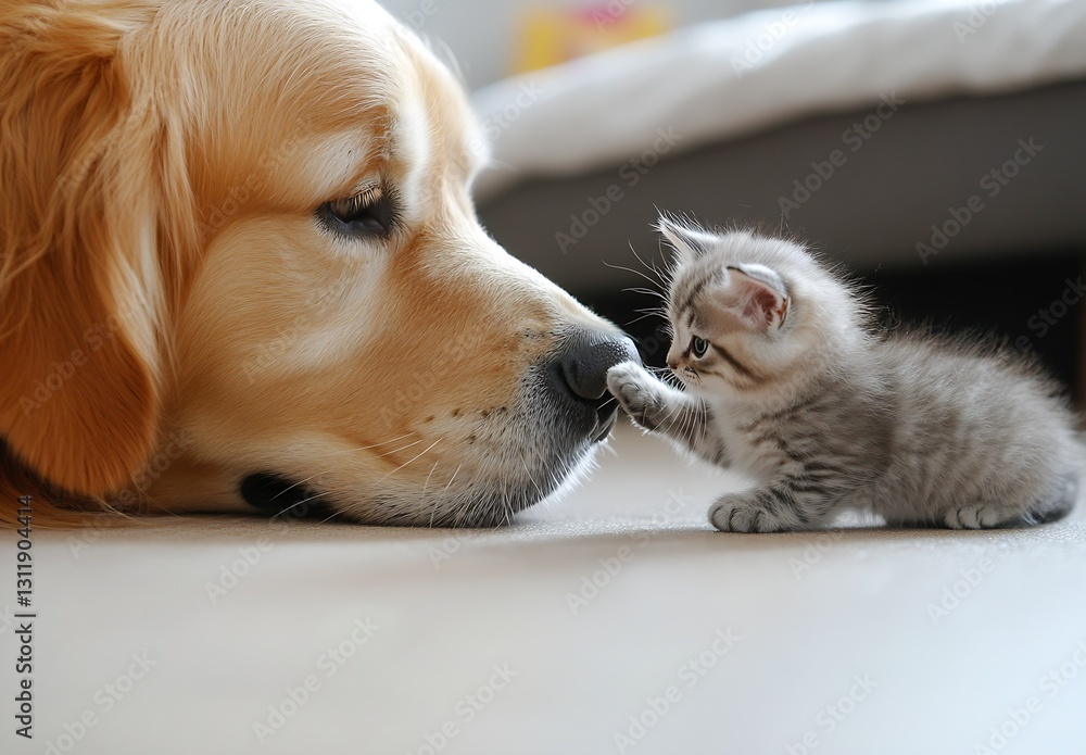 Poster golden retriever and playful kitten with adorable nose touching moment : generative ai