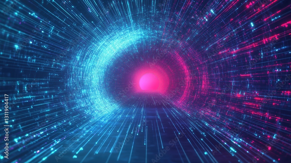 Poster  Glowing fiber optic light background in red and blue colors, representing big data technology with high-speed tunnel effect. Digital abstract design for optical communication networks and web banners