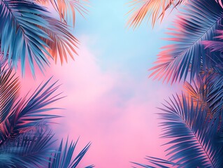 Obraz premium Palm Trees Framing a Soft Pink and Blue Sky for Dreamy Tropical Vibes : Generative AI
