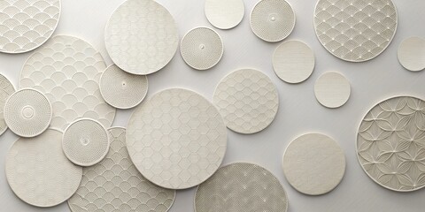 An array of elegantly textured circular wall decor pieces in off-white hues, showcasing various intricate patterns and subtle embossed designs