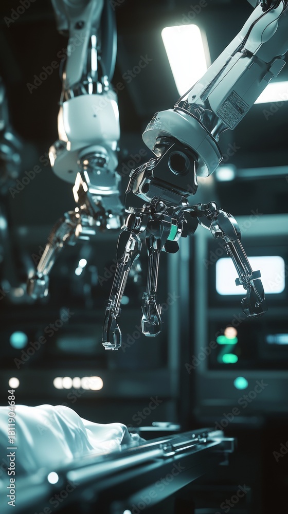 Poster close-up of a robotic surgical arm performing a precise operation in a high-tech medical environment