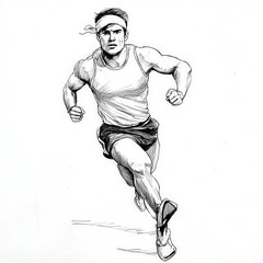 Fototapeta premium Determined Male Athlete Running Black and White Sketch