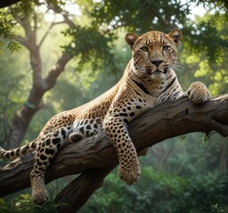 Obraz premium Majestic leopard resting on a tree branch in the jungle, peaceful, wildlife