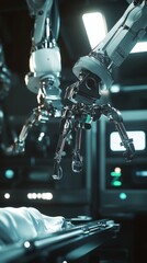 Obraz premium Close-up of a robotic surgical arm performing a precise operation in a high-tech medical environment. Highlights innovation in healthcare and cutting-edge surgical technology.. AI Generation