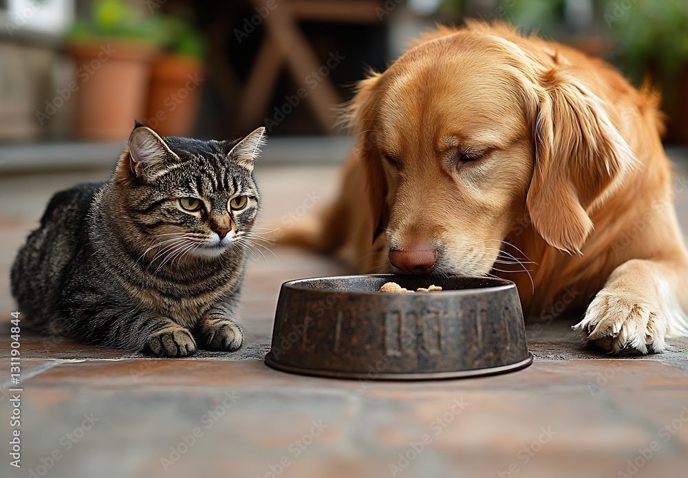 Poster golden retriever and tabby cat sharing mealtime together in a cozy space : generative ai