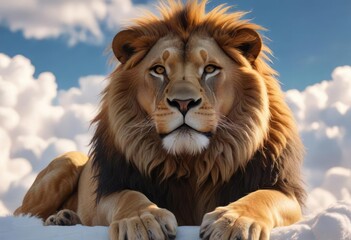 Fototapeta premium Majestic lion sits on a fluffy white cloud with paws folded in front of its body , beauty, serene