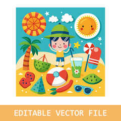 Summer tropical beach elements collection. Flat vector cartoon design
