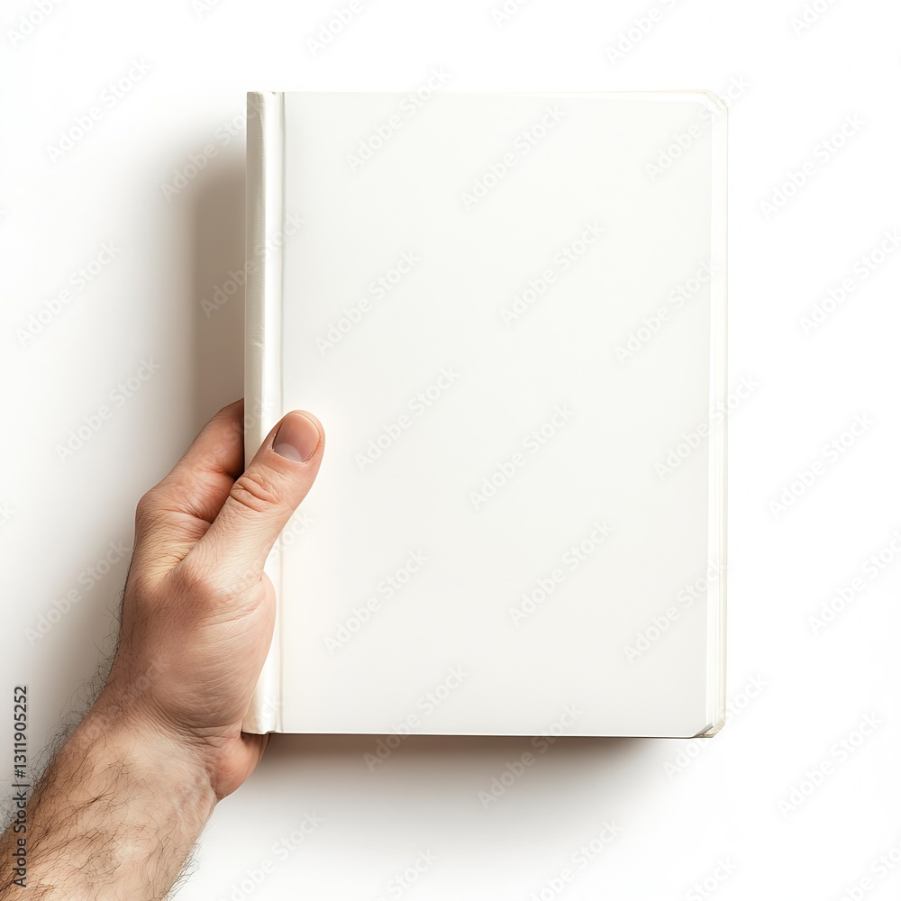 Poster A hand holding a blank white notebook against a clean backdrop for creative design concepts : Generative AI