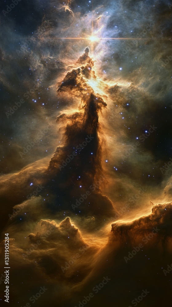 Aufkleber a mesmerizing view of a cosmic nebula with golden hues and dramatic lighting. the swirling clouds of