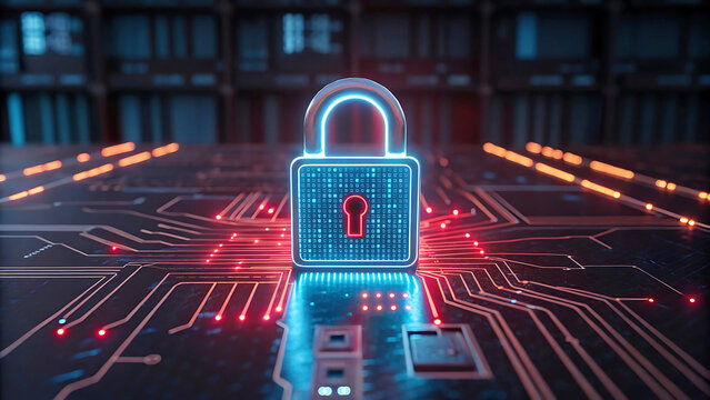 A Glowing Digital Padlock Stands Guard Over A Complex Circuit Board, Symbolizing Impenetrable Online Security In A Futuristic Digital Landscape With Vibrant Blue And Red Lights
