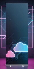 Futuristic Digital Cloud Network Backdrop with Neon Accents and Abstract Elements