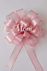 Elegant Pink Shimmering Bow with ‘Mom’ Inscription – Heartfelt Gift Concept