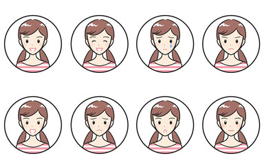 小学生女子の喜怒哀楽・様々な表情のアイコンセット