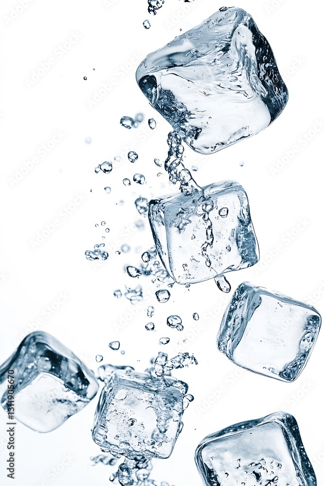 Leinwandbilder splashing ice cubes falling into clear water creating beautiful droplets : generative ai