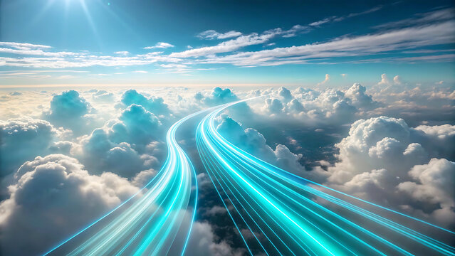A Celestial Highway Of Light Streams Through Fluffy Clouds, A Journey To The Digital Future With Vibrant Turquoise Trails And A Sunlit Sky