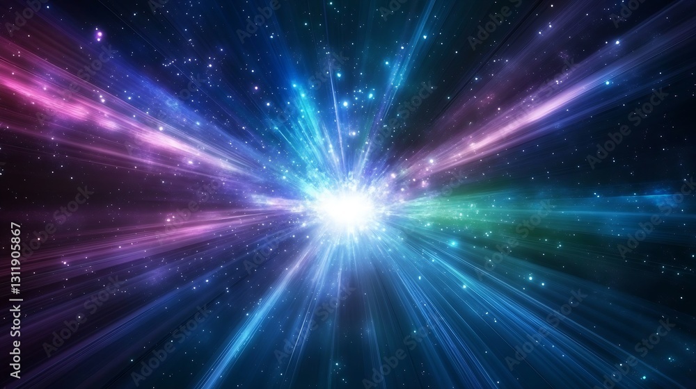 Poster cosmic burst of light and color in deep space with rays of purple and blue : generative ai