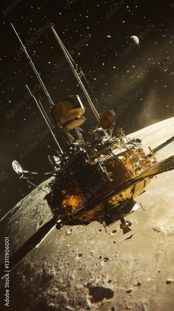 Poster a detailed space probe hovering over a cratered surface of a distant celestial body. highlights inno