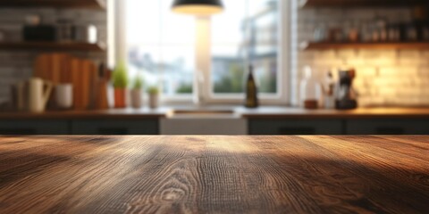 Wooden Tabletop Display with Blurred Kitchen Background for Product Mockups