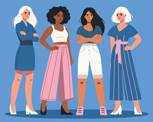 Fototapeta premium Women's Day. Equality Day. Different women stand together in a protest pose, fighting for gender equality and women's empowerment. Vector banner. Suitable for women's projects