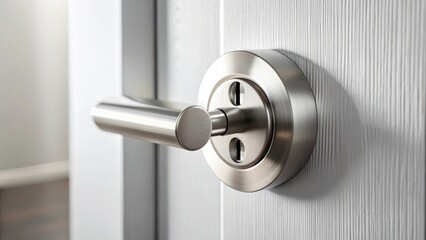 Close-up view of a modern brushed-metal door handle and lockset installed on a textured white interior door