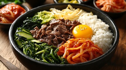 Delicious bibimbap with beef, egg, and assorted vegetables.
