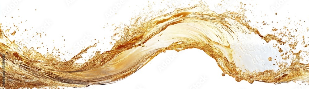 Poster dynamic splash of golden liquid creating an artistic wave effect on a clean background for diverse u