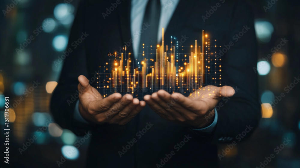 Poster businessman showcases dynamic analytics with glowing data visualization in modern office