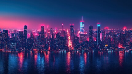 Fototapeta premium Vibrant New York City Skyline at Night Reflecting on the Water